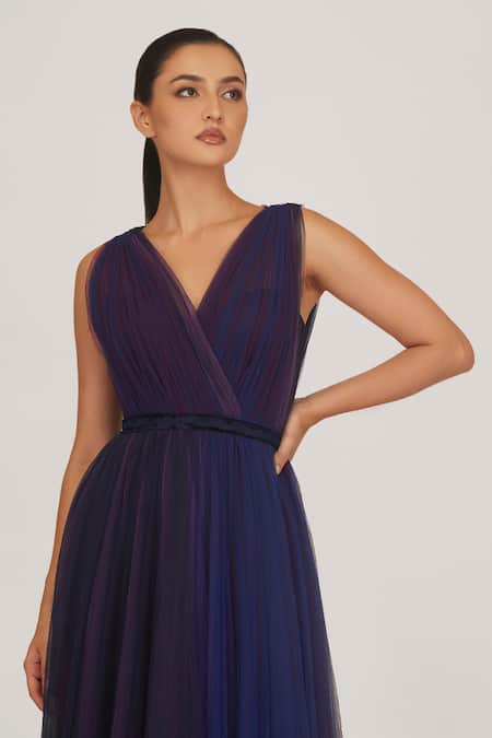 Shop_Shriya Som_Multi Color Tulle Plain V-neck Shaded Pleated Bodice Gown  _at_Aza_Fashions