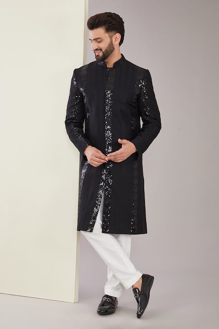 Kasbah x AZA Black Silk Embroidered Thread Stripe Sherwani 