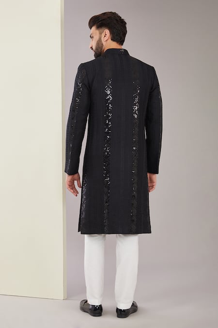 Shop_Kasbah x AZA_Black Silk Sequins Stripe Embroidered Sherwani Set _at_Aza_Fashions