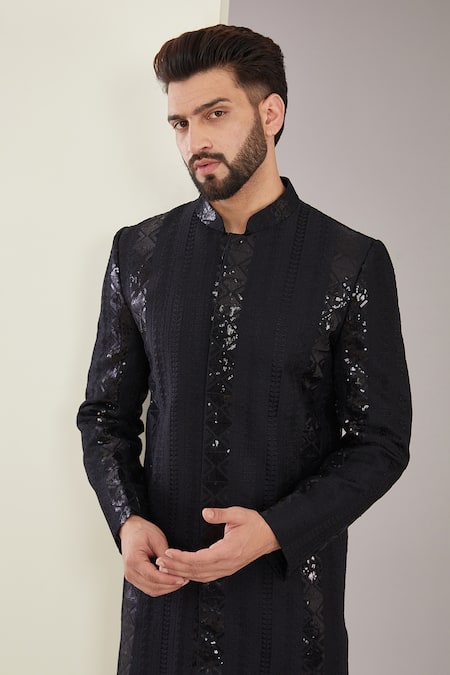 Kasbah x AZA_Black Silk Sequins Stripe Embroidered Sherwani Set _Online_at_Aza_Fashions
