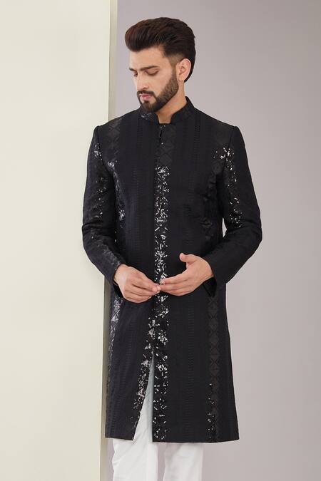 Buy_Kasbah x AZA_Black Silk Sequins Stripe Embroidered Sherwani Set _Online_at_Aza_Fashions