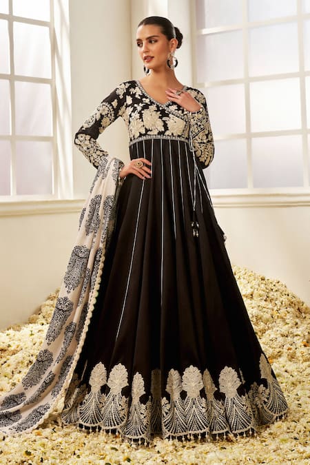 Buy Black Silk Embroidered Floral V-neck Angarkha Anarkali Pant Set For ...