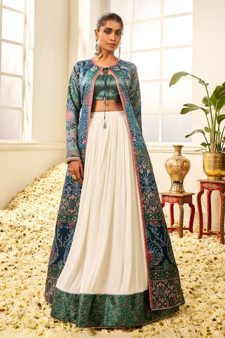 White Georgette Designer Lehenga Choli with Thread Embroidered Long Jacket  / Wedding , Party Wear at Rs 999 | डिज़ाइनर लहंगा चोली in Surat | ID:  26071913333