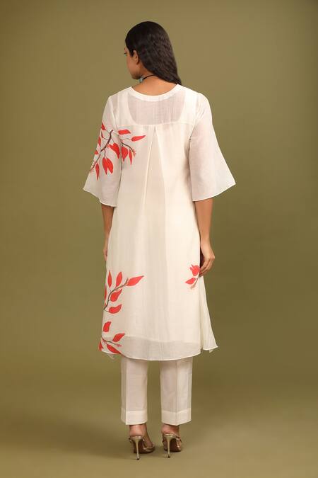 Trendy Tokari White Silk, Chanderi Embroidery V-neck Printed A-line Kurta And Pant Set Online at Aza Fashions Trendy Tokari_White Silk, Chanderi Embroidery V-neck Printed A-line Kurta And Pant Set _Online_at_Aza_Fashions
