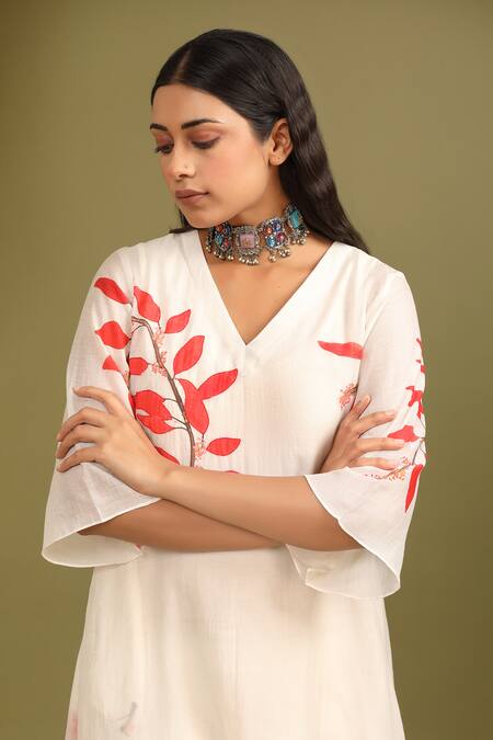 Buy Trendy Tokari White Silk, Chanderi Embroidery V-neck Printed A-line Kurta And Pant Set Online at Aza Fashions Buy_Trendy Tokari_White Silk, Chanderi Embroidery V-neck Printed A-line Kurta And Pant Set _Online_at_Aza_Fashions