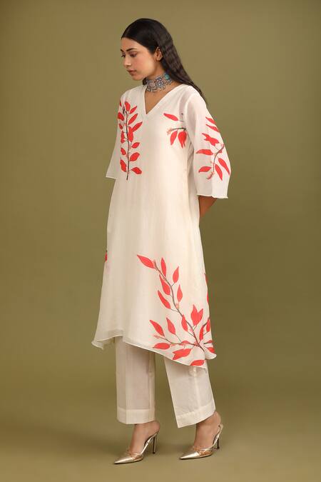 Shop Trendy Tokari White Silk, Chanderi Embroidery V-neck Printed A-line Kurta And Pant Set Online at Aza Fashions Shop_Trendy Tokari_White Silk, Chanderi Embroidery V-neck Printed A-line Kurta And Pant Set _Online_at_Aza_Fashions