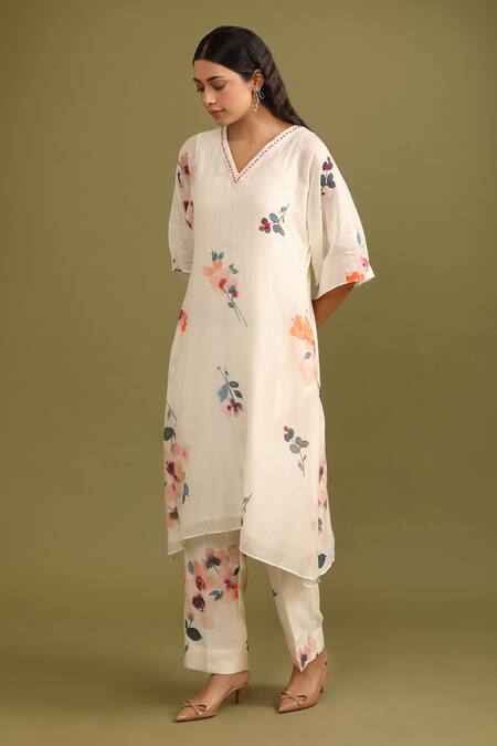 Shop_Trendy Tokari_White , , Floral Print A-line Kurta And Pant Set _Online_at_Aza_Fashions