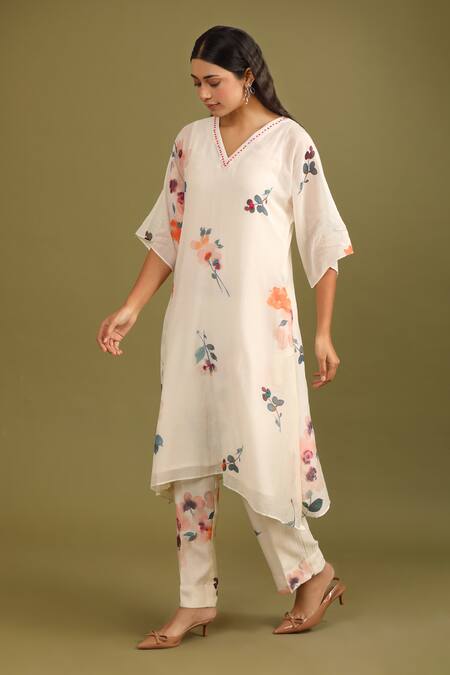 Buy_Trendy Tokari_White , , Floral Print A-line Kurta And Pant Set 