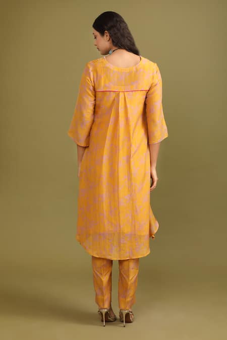 Trendy Tokari_Yellow Silk, Chanderi Beads V-neck Leaflet Print Kurta And Pant Set _Online_at_Aza_Fashions