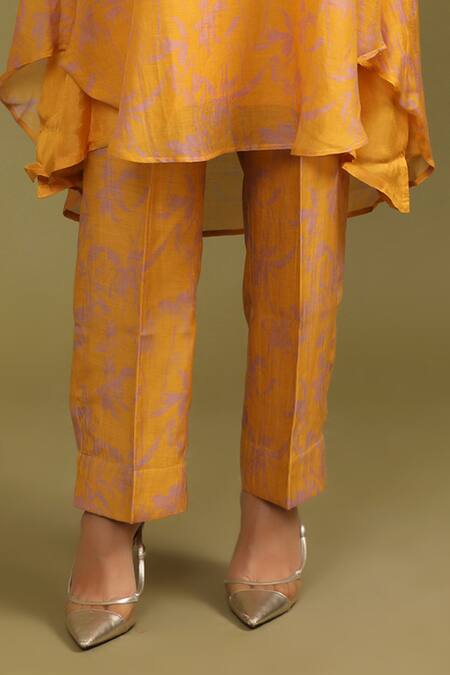 Buy Trendy Tokari Yellow Silk, Chanderi Beads V-neck Leaflet Print Kurta And Pant Set Online at Aza Fashions Buy_Trendy Tokari_Yellow Silk, Chanderi Beads V-neck Leaflet Print Kurta And Pant Set _Online_at_Aza_Fashions