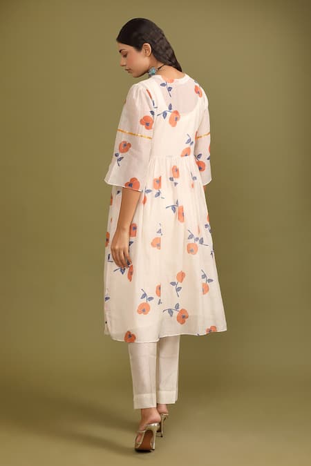 Trendy Tokari_Off White Silk, Chanderi Sequins V-neck Floral Print Anarkali And Pant Set _Online_at_Aza_Fashions