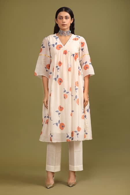 Buy_Trendy Tokari_Off White Silk, Chanderi Sequins V-neck Floral Print Anarkali And Pant Set _Online_at_Aza_Fashions