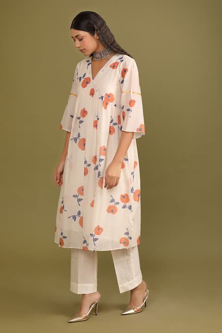 Shop_Trendy Tokari_Off White Silk, Chanderi Sequins V-neck Floral Print Anarkali And Pant Set _Online_at_Aza_Fashions