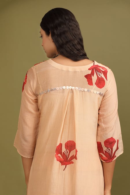 Trendy Tokari Beige Silk, Chanderi Sequins, Beads Gulmohar Print Gathered Kurta And Pant Set Online at Aza Fashions Trendy Tokari_Beige Silk, Chanderi Sequins, Beads Gulmohar Print Gathered Kurta And Pant Set _Online_at_Aza_Fashions