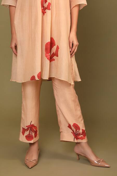 Buy Trendy Tokari Beige Silk, Chanderi Sequins, Beads Gulmohar Print Gathered Kurta And Pant Set Online at Aza Fashions Buy_Trendy Tokari_Beige Silk, Chanderi Sequins, Beads Gulmohar Print Gathered Kurta And Pant Set _Online_at_Aza_Fashions