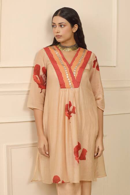 Shop Trendy Tokari Beige Silk, Chanderi Sequins, Beads Gulmohar Print Gathered Kurta And Pant Set Online at Aza Fashions Shop_Trendy Tokari_Beige Silk, Chanderi Sequins, Beads Gulmohar Print Gathered Kurta And Pant Set _Online_at_Aza_Fashions