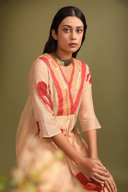 Trendy Tokari Beige Silk, Chanderi Sequins, Beads Gulmohar Print Gathered Kurta And Pant Set at Aza Fashions Trendy Tokari_Beige Silk, Chanderi Sequins, Beads Gulmohar Print Gathered Kurta And Pant Set _at_Aza_Fashions