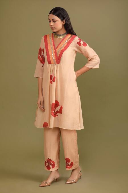 Buy Trendy Tokari Beige Silk, Chanderi Sequins, Beads Gulmohar Print Gathered Kurta And Pant Set Buy_Trendy Tokari_Beige Silk, Chanderi Sequins, Beads Gulmohar Print Gathered Kurta And Pant Set