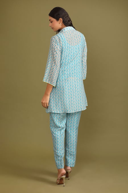 Trendy Tokari_Blue Silk, Chanderi Beads Collared Ditsy Print Kurta And Pant Set _Online_at_Aza_Fashions
