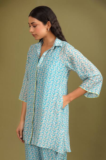 Shop_Trendy Tokari_Blue Silk, Chanderi Beads Collared Ditsy Print Kurta And Pant Set _Online_at_Aza_Fashions