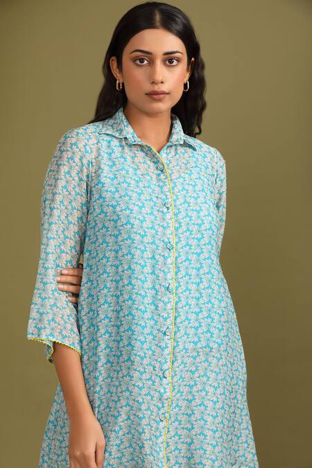 Trendy Tokari_Blue Silk, Chanderi Beads Collared Ditsy Print Kurta And Pant Set _at_Aza_Fashions