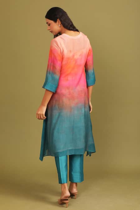 Trendy Tokari Multi Color Silk, Chanderi Embroidery V-neck Haze Print Kurta And Pant Set Online at Aza Fashions Trendy Tokari_Multi Color Silk, Chanderi Embroidery V-neck Haze Print Kurta And Pant Set _Online_at_Aza_Fashions