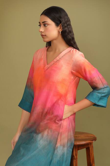 Buy Trendy Tokari Multi Color Silk, Chanderi Embroidery V-neck Haze Print Kurta And Pant Set Online at Aza Fashions Buy_Trendy Tokari_Multi Color Silk, Chanderi Embroidery V-neck Haze Print Kurta And Pant Set _Online_at_Aza_Fashions