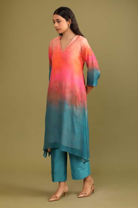 Shop Trendy Tokari Multi Color Silk, Chanderi Embroidery V-neck Haze Print Kurta And Pant Set Online at Aza Fashions Shop_Trendy Tokari_Multi Color Silk, Chanderi Embroidery V-neck Haze Print Kurta And Pant Set _Online_at_Aza_Fashions