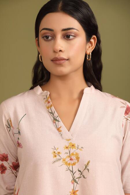Shop Trendy Tokari Pink Handloom Cotton Embroidery Mandarin Collar Blossom Print Kurta And Pant Set Online at Aza Fashions Shop_Trendy Tokari_Pink Handloom Cotton Embroidery Mandarin Collar Blossom Print Kurta And Pant Set _Online_at_Aza_Fashions