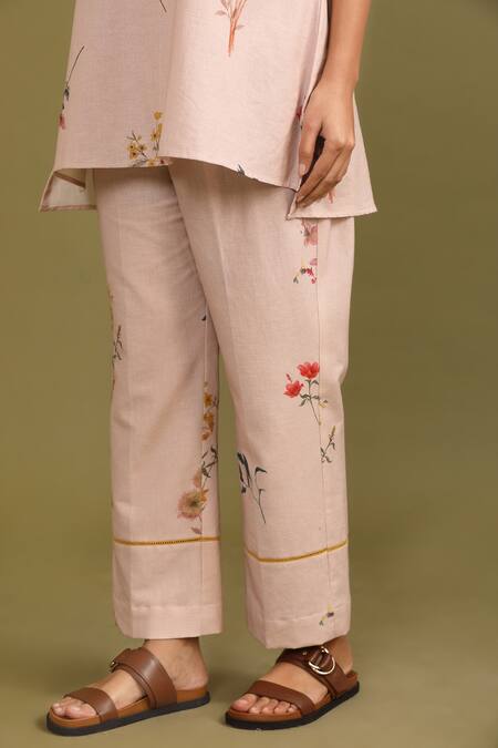 Trendy Tokari Pink Handloom Cotton Embroidery Mandarin Collar Blossom Print Kurta And Pant Set at Aza Fashions Trendy Tokari_Pink Handloom Cotton Embroidery Mandarin Collar Blossom Print Kurta And Pant Set _at_Aza_Fashions