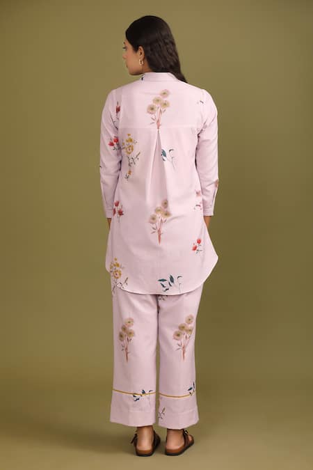 Trendy Tokari Purple Handloom Cotton Embroidery Collared Botanical Print Kurta And Pant Set Online at Aza Fashions Trendy Tokari_Purple Handloom Cotton Embroidery Collared Botanical Print Kurta And Pant Set _Online_at_Aza_Fashions