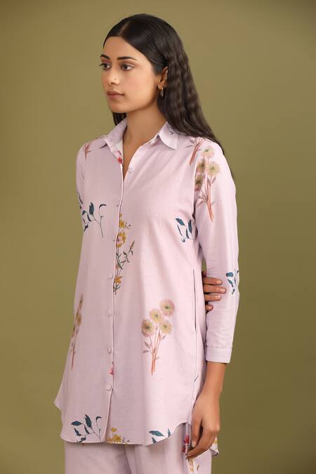 Shop Trendy Tokari Purple Handloom Cotton Embroidery Collared Botanical Print Kurta And Pant Set Online at Aza Fashions Shop_Trendy Tokari_Purple Handloom Cotton Embroidery Collared Botanical Print Kurta And Pant Set _Online_at_Aza_Fashions