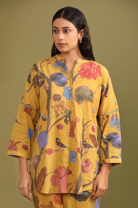 Buy_Trendy Tokari_Yellow Cotton Mandarin Collar Forest Print Kurta And Pant Set _Online_at_Aza_Fashions