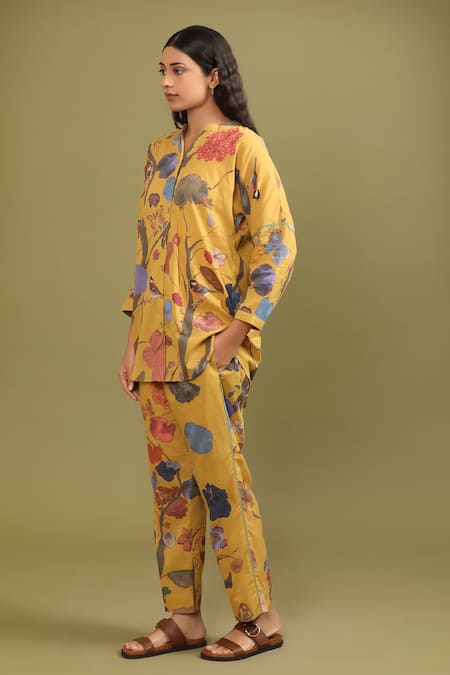 Shop_Trendy Tokari_Yellow Cotton Mandarin Collar Forest Print Kurta And Pant Set _Online_at_Aza_Fashions