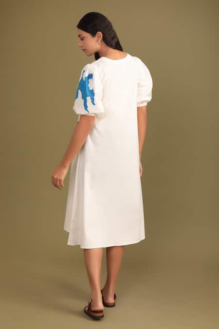 Trendy Tokari White Polyester V-neck Tulip Print A-line Dress Online at Aza Fashions Trendy Tokari_White Polyester V-neck Tulip Print A-line Dress _Online_at_Aza_Fashions
