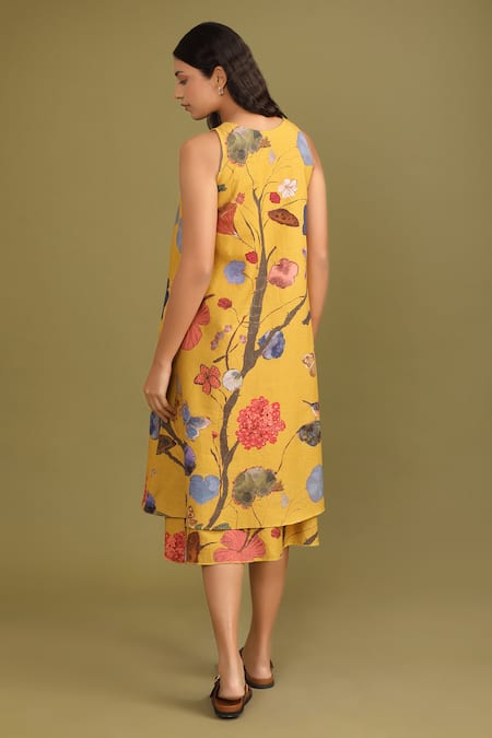Trendy Tokari Yellow Handloom Cotton V-neck Forest Print Layered Dress Online at Aza Fashions Trendy Tokari_Yellow Handloom Cotton V-neck Forest Print Layered Dress _Online_at_Aza_Fashions