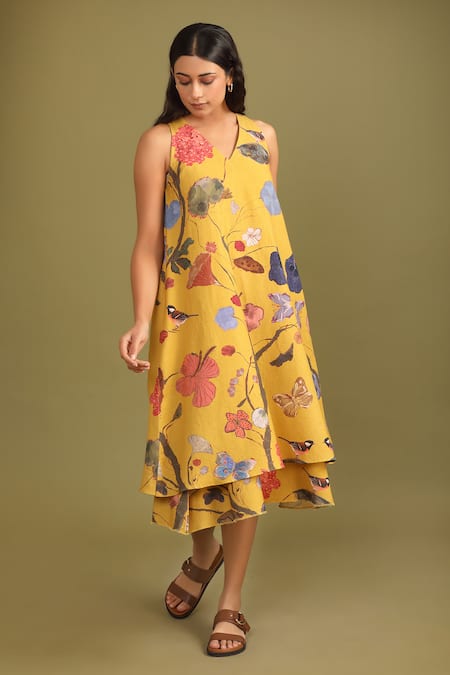 Buy Trendy Tokari Yellow Handloom Cotton V-neck Forest Print Layered Dress Online at Aza Fashions Buy_Trendy Tokari_Yellow Handloom Cotton V-neck Forest Print Layered Dress _Online_at_Aza_Fashions