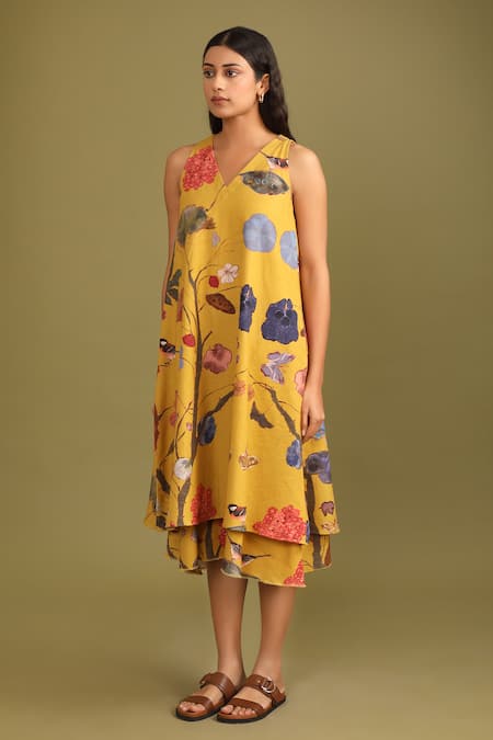 Shop Trendy Tokari Yellow Handloom Cotton V-neck Forest Print Layered Dress Online at Aza Fashions Shop_Trendy Tokari_Yellow Handloom Cotton V-neck Forest Print Layered Dress _Online_at_Aza_Fashions