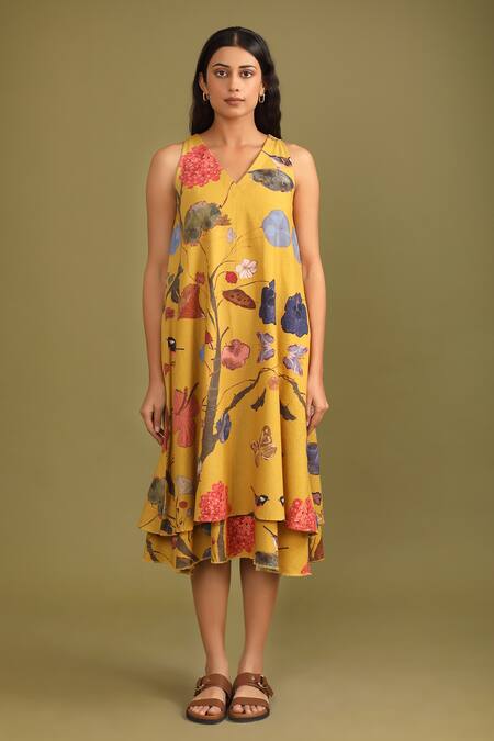 Trendy Tokari Yellow Handloom Cotton V-neck Forest Print Layered Dress at Aza Fashions Trendy Tokari_Yellow Handloom Cotton V-neck Forest Print Layered Dress _at_Aza_Fashions