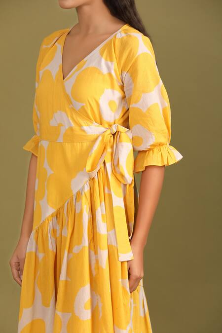 Trendy Tokari_Yellow Cotton V-neck Floral Print Wrap Dress _Online_at_Aza_Fashions