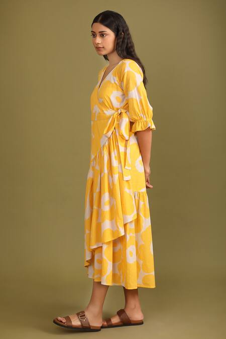 Shop_Trendy Tokari_Yellow Cotton V-neck Floral Print Wrap Dress _Online_at_Aza_Fashions