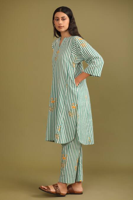 Buy Trendy Tokari Green Cotton Embroidery Round Neck Floral Stripe Printed Kurta And Pant Set Online at Aza Fashions Buy_Trendy Tokari_Green Cotton Embroidery Round Neck Floral Stripe Printed Kurta And Pant Set _Online_at_Aza_Fashions