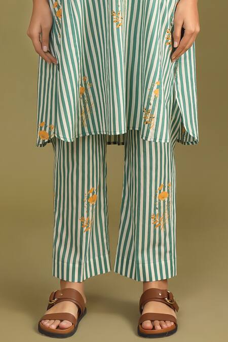 Shop Trendy Tokari Green Cotton Embroidery Round Neck Floral Stripe Printed Kurta And Pant Set Online at Aza Fashions Shop_Trendy Tokari_Green Cotton Embroidery Round Neck Floral Stripe Printed Kurta And Pant Set _Online_at_Aza_Fashions