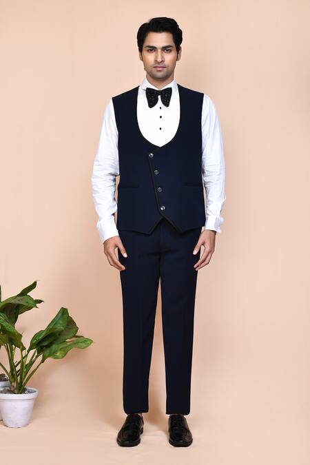 Buy_Arihant Rai Sinha_White Cotton, Polyester Embroidery, Cut Work, Blue Suit Set With Waistcoat 