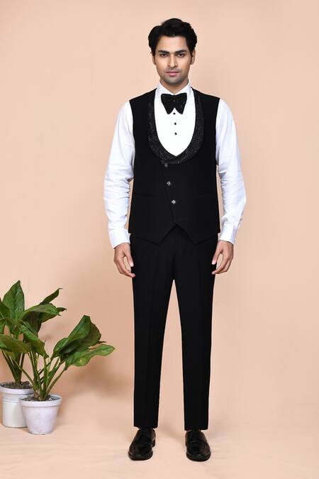 Shop_Arihant Rai Sinha_Black Cotton, Polyester Embroidery, Cut Work Chevron Placket Suit Set _Online_at_Aza_Fashions