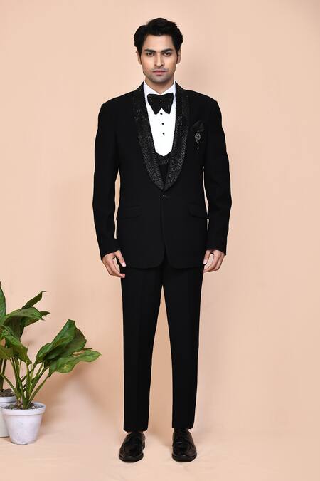 Arihant Rai Sinha_Black Cotton, Polyester Embroidery, Cut Work Chevron Placket Suit Set _at_Aza_Fashions