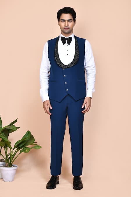 Buy_Arihant Rai Sinha_Blue Polyester, Cotton, Silk Brooches, Cut Work, Embroidery Chevron Suit Set _Online_at_Aza_Fashions