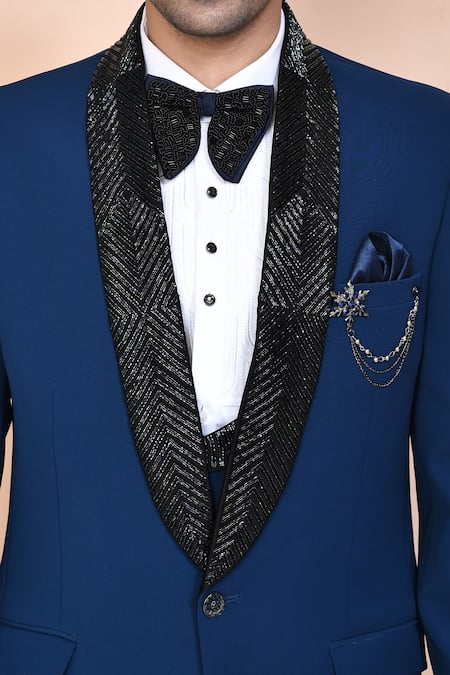 Shop_Arihant Rai Sinha_Blue Polyester, Cotton, Silk Brooches, Cut Work, Embroidery Chevron Suit Set _Online_at_Aza_Fashions