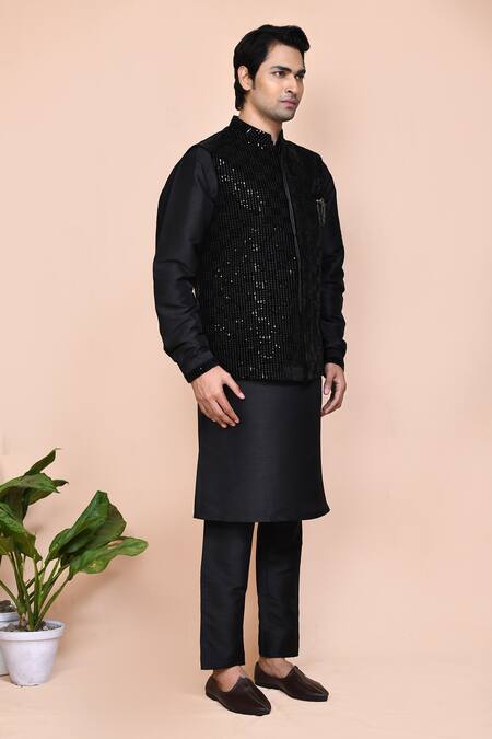 Shop_Arihant Rai Sinha_Black Velvet, Silk, Polyester Sequins, Brooches Embroidered Bundi Set _Online_at_Aza_Fashions