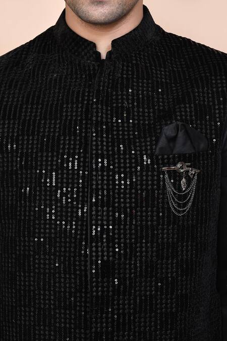 Arihant Rai Sinha_Black Velvet, Silk, Polyester Sequins, Brooches Embroidered Bundi Set _at_Aza_Fashions